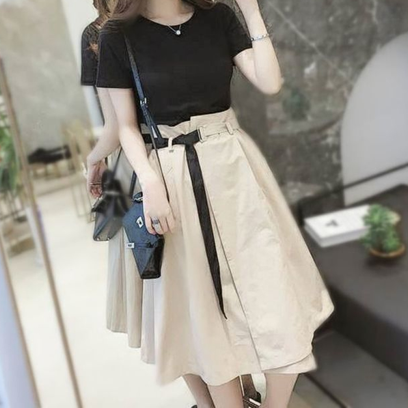 Street Fashion Korean - ชุดสูทสตรีทไฮสตรีทแฟชั่นฤดูร้อนใหม่เสื้อยืดเข้ารูปแขนแขนสั้นคอกลมสีทึบกระโปรงทรงเอไลน์สำหรับผู้หญิง