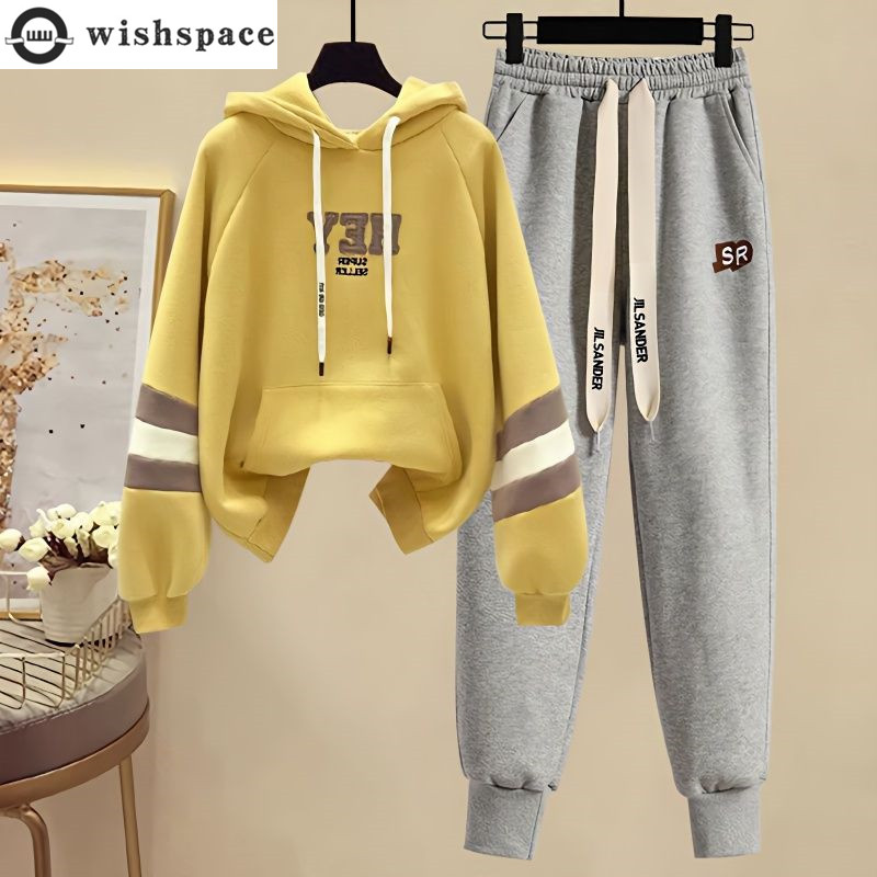 Street Fashion Korean - ชุดกีฬาสําหรับผู้หญิงในฤดูใบไม้ผลิและฤดูใบไม้ร่วงเวอร์ชั่นเกาหลีใหม่การปิดกั้นสีมีฮู้ดด้านบนกางเกงลําลองลดอายุชุดสองชิ้น
