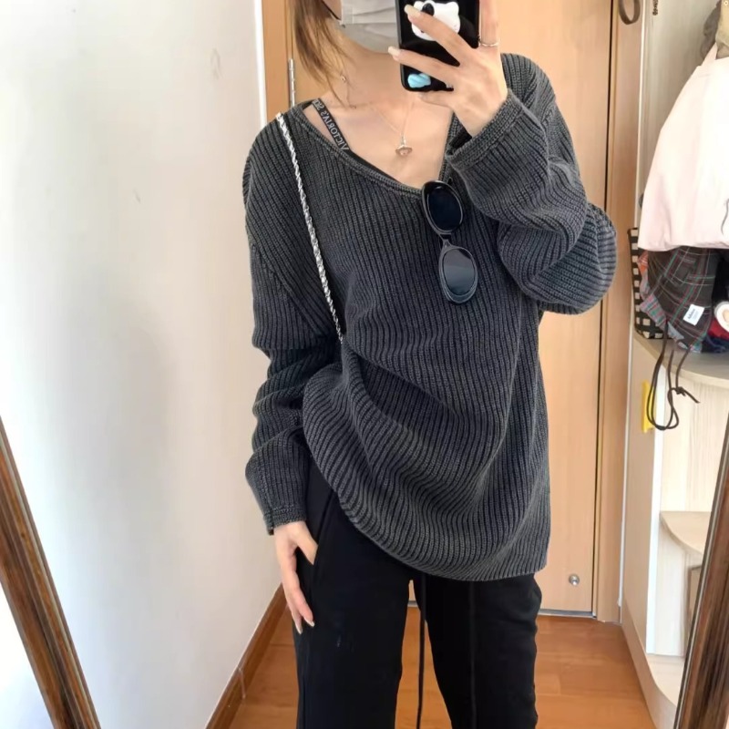 Street Fashion Winter 2025 - Vคอล้างสีทึบสบายๆเสื้อแขนยาวผู้หญิง2025ฤดูใบไม้ร่วงใหม่High Streetแฟชั่นAll-MatchถักPullover
