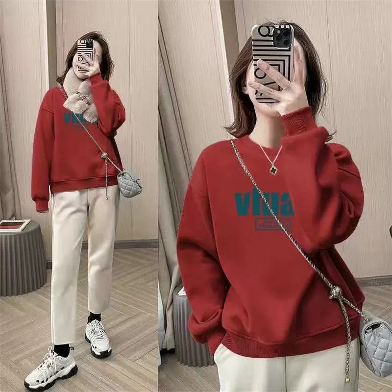 Oversized Crewneck Fleece - เสื้อสเวตเตอร์คอกลมทรงโอเวอร์ไซส์สำหรับผู้หญิง บุด้วยผ้าฟลีซ แบบหนาและบาง ใส่สบายๆ ช่วยให้ดูผอมเพรียว เหมาะสำหรับฤดูใบไม้ร่วงและฤดูหนาว