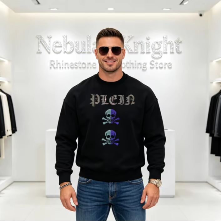 Oversized Crewneck Fleece - เสื้อสเวตเชิ้ตผู้ชายคอกลมประดับเพชร ผ้าฟลีซ อุ่นสบายสำหรับฤดูหนาว แขนยาว สไตล์ลำลอง สตรีทแวร์