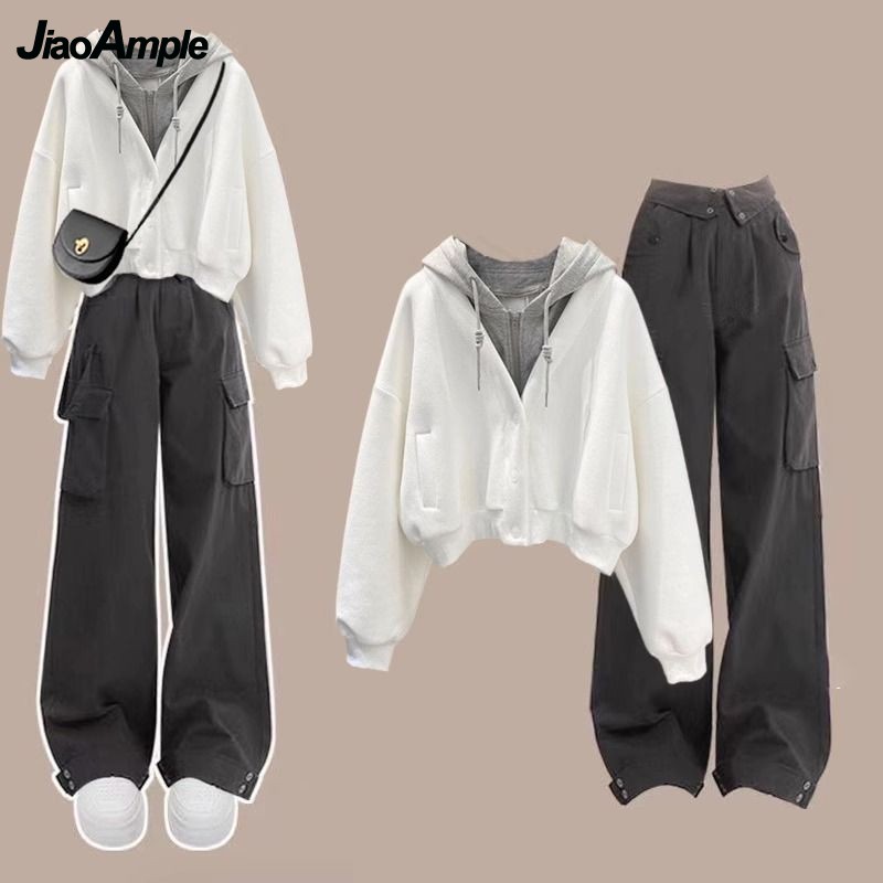 Street Fashion Korean - ผู้หญิงฤดูใบไม้ร่วงฤดูหนาวใหม่ชุดจับคู่เกาหลีElegantปลอม 2 ชิ้นHoodie + Casual Cargoกางเกงชุดสาวกางเกงชุด