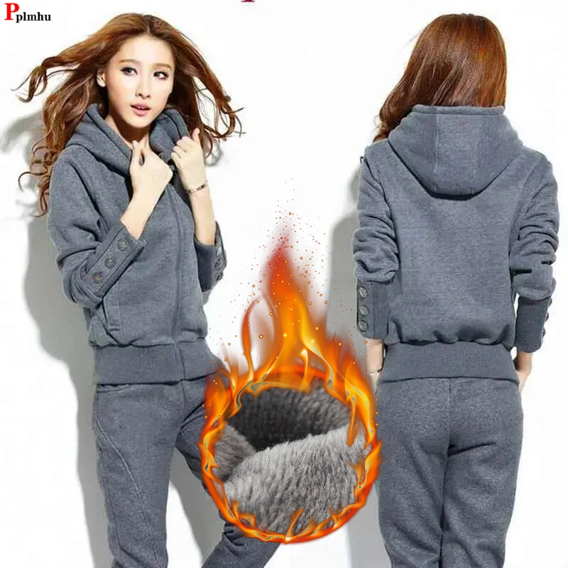 Street Fashion Korean - ชุดวอร์ม2ชิ้นผ้ากำมะหยี่บางมีฮู้ดสำหรับฤดูหนาวชุดกางเกงผู้ชายขาสามส่วนหนาทรงหลวมเอวสูงชุดเกาหลีเสื้อผ้าไซส์80กก.