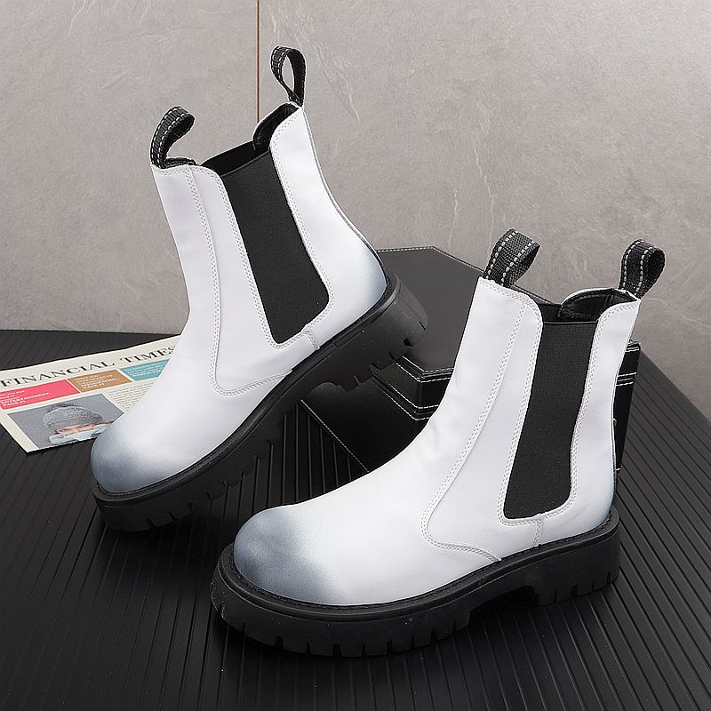 Street Fashion Male - รองเท้าบูทหนังแท้แฟชั่นหรูสำหรับผู้ชาย สีดำขาว แบรนด์ดีไซเนอร์ รองเท้าสำหรับเวที ไนท์คลับ รองเท้าบูทมอเตอร์ไซค์