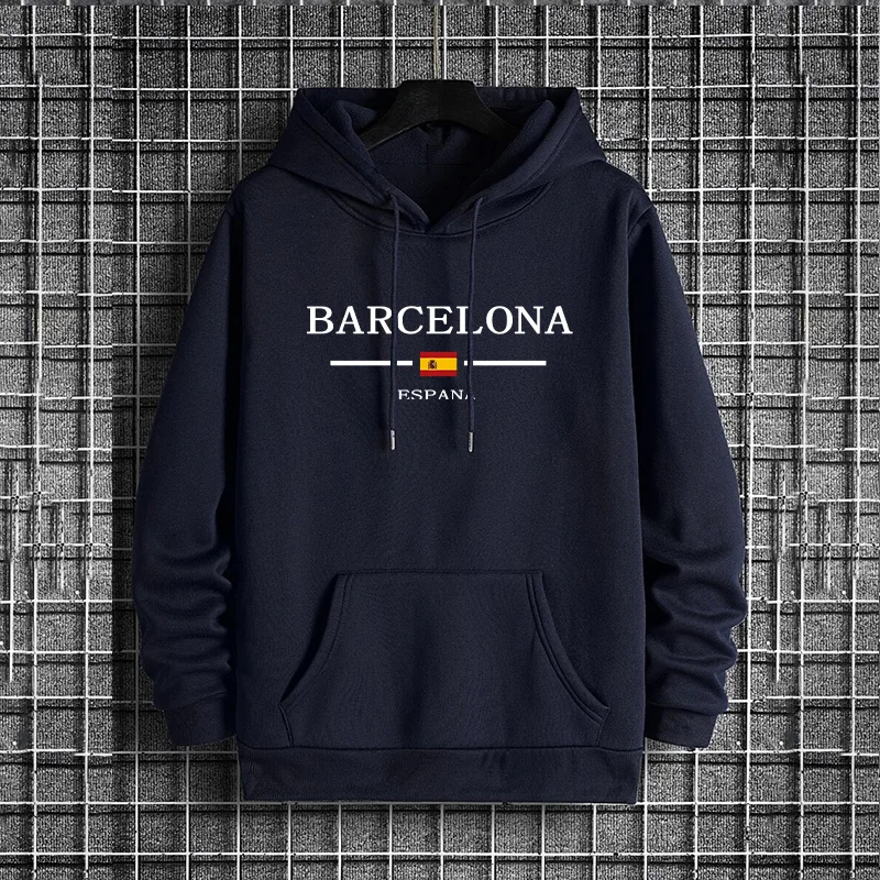Street Fashion Barcelona - เสื้อฮู้ดสไตล์ลำลองเทรนดี้สำหรับผู้ชายในฤดูใบไม้ร่วง/ฤดูหนาว, เสื้อฮู้ดพิมพ์ลายบาร์เซโลนาสำหรับผู้ชาย, เสื้อฮู้ดแฟชั่นแนวสตรีทในเมือง