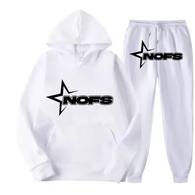 Street Fashion Male - ชุดสตรีทแวร์ผู้ชายปี 2026 เสื้อฮู้ดแขนยาวพิมพ์ลายตัวอักษร NOFS พร้อมกางเกงจ็อกเกอร์ ชุดกีฬา
