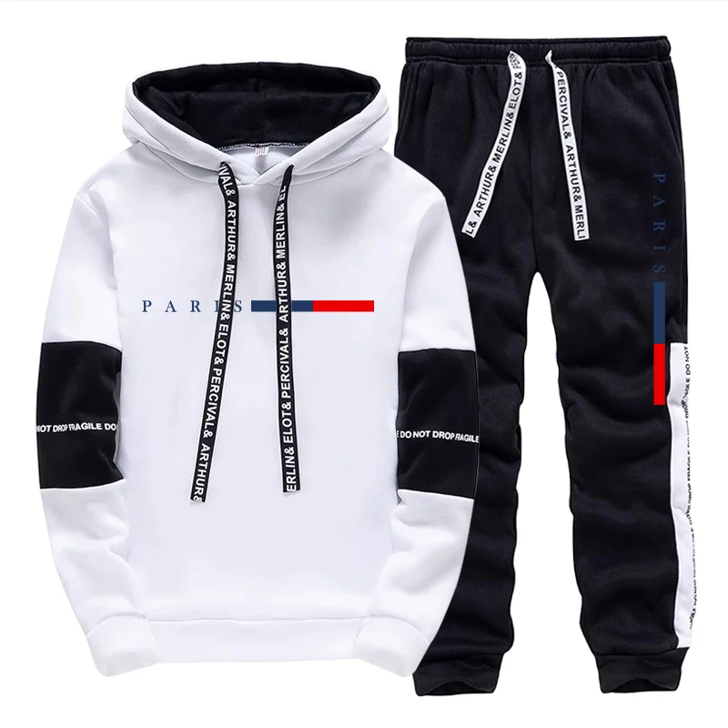 Street Fashion Male - ชุดเซ็ตผู้ชาย/เสื้อฮู้ด/กางเกง แฟชั่นปารีส ฤดูใบไม้ร่วง ฤดูหนาว ชุดลำลองสปอร์ต เสื้อฮู้ดแบบสวมหัวและกางเกงขายาว