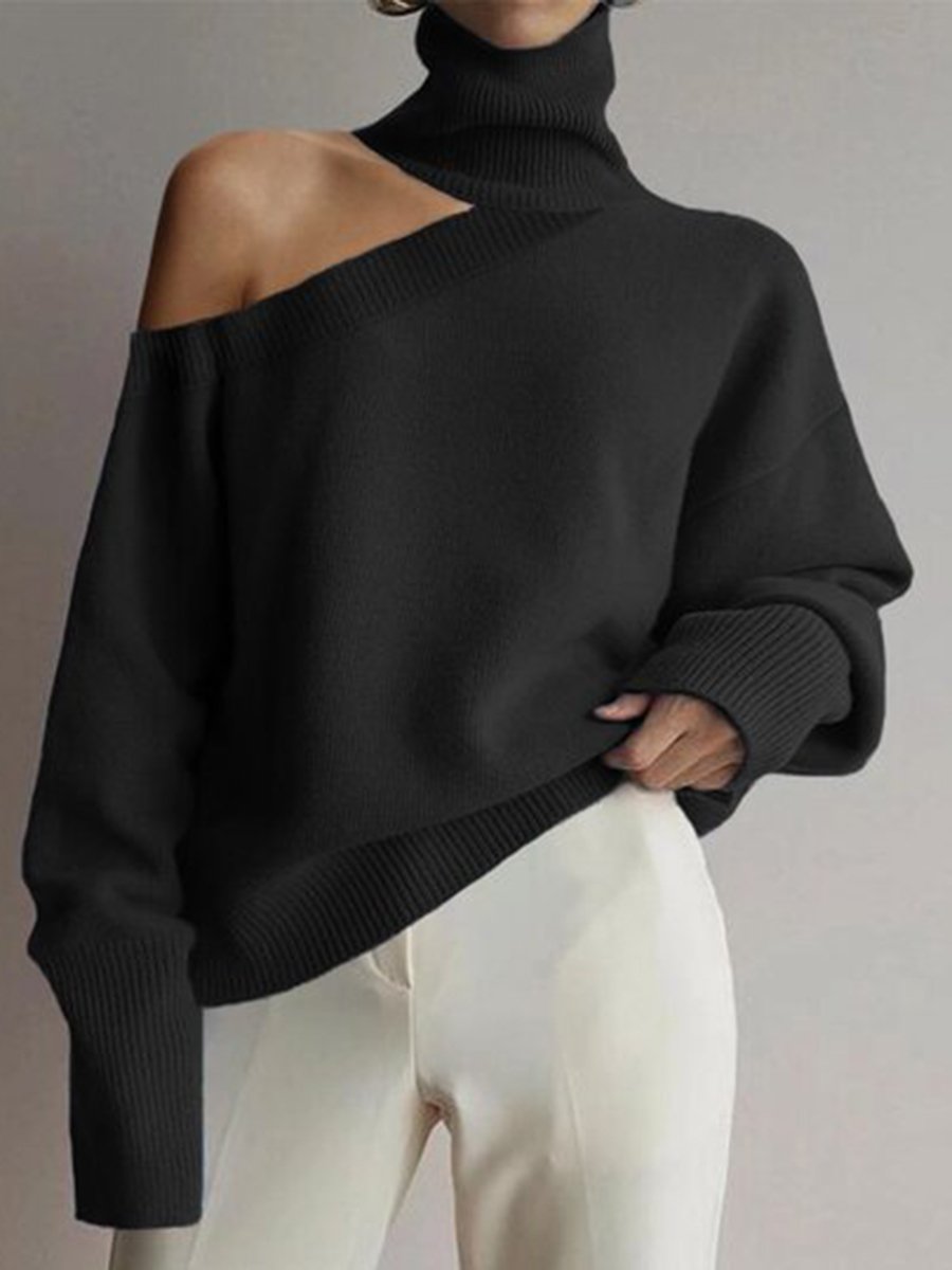 Street Fashion Winter 2025 - 2025 ฤดูใบไม้ร่วงและฤดูหนาวใหม่ผู้หญิงไหล่เดี่ยวแขนเสื้อคอเต่าสีทึบแฟชั่น Street Elegant ฤดูใบไม้ร่วง