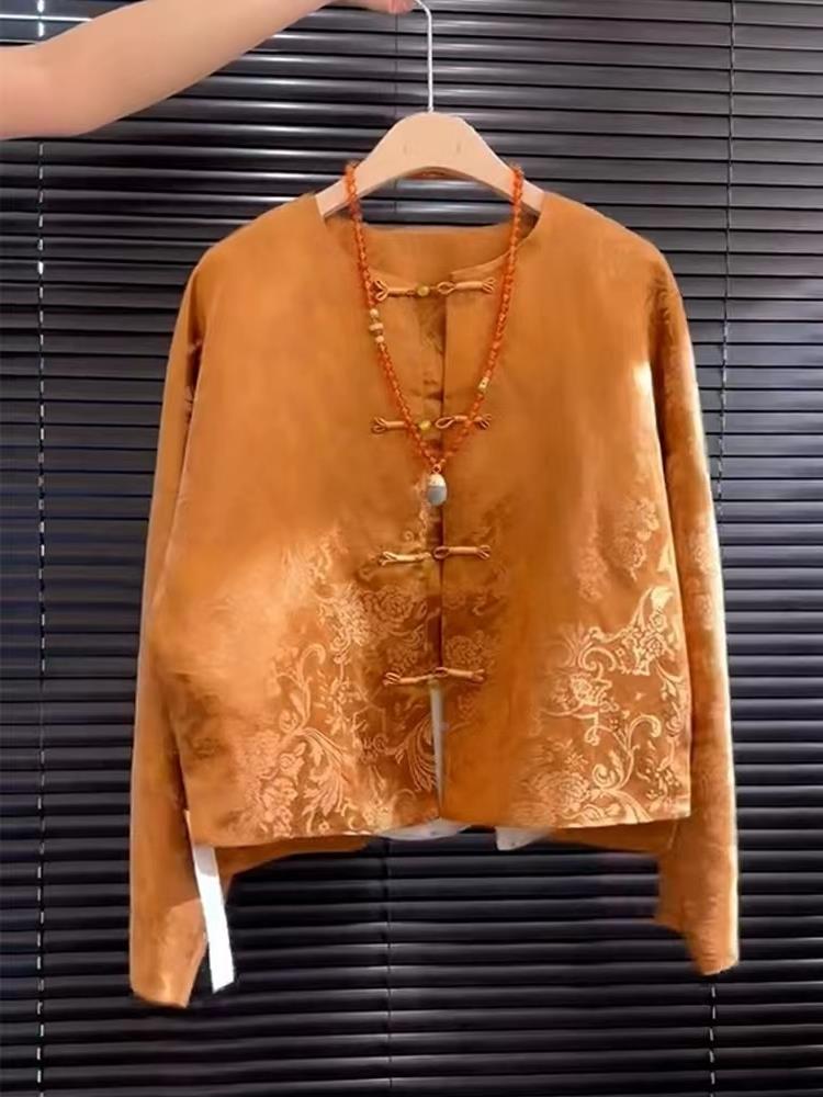 Street Fashion Youtube - เสื้อซงจินปักลายดอกไม้สีส้มผ้าซาตินคุณภาพสูง สไตล์จีน แฟชั่นสตรีท ฮั่นฝูทรงตรง ความยาวปกติ