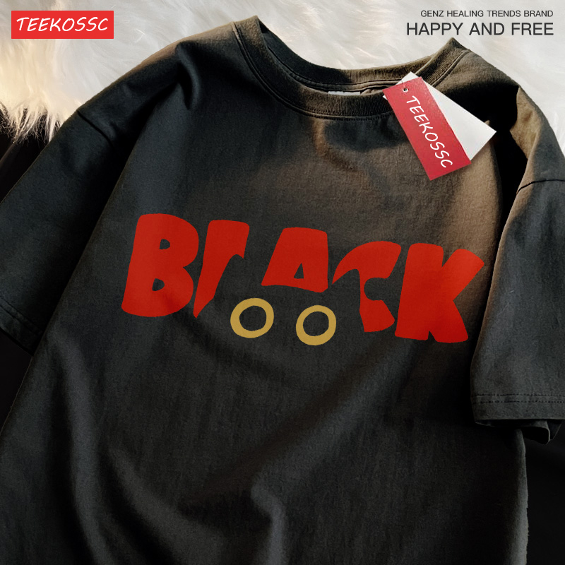 Street Fashion Japan Brand - BLACK Cat แฟชั่นแบรนด์ผ้าฝ้ายหลวมฤดูร้อนแขนสั้นเสื้อยืดชายผู้หญิงนักเรียน Street สีดําแมวคู่ Street