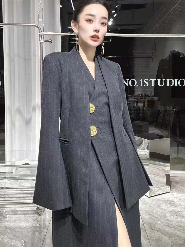 Superaen 2023ชุดเดรสคอวีลายแถบ - Street Fashion Korean บทวิจารณ์และราคา