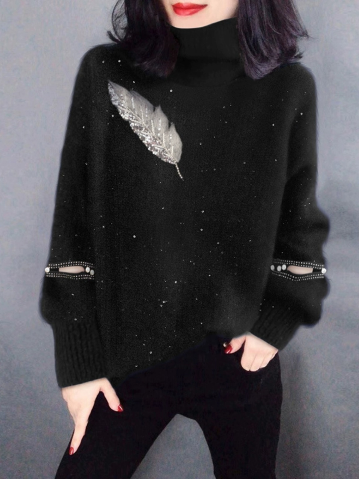 เสื้อสเวตเตอร์ถักคอสูงสีดำสำหร - Street Fashion Outlet บทวิจารณ์และราคา